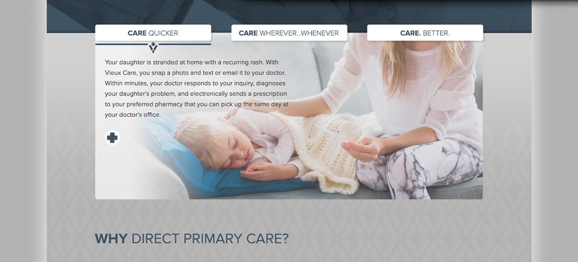 View of Vieux Care's website, designed by Entermotion, a Wichita web-design studio.